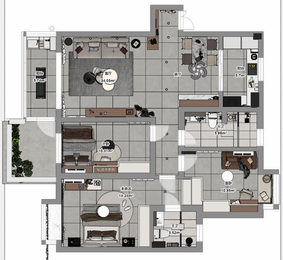 蒋琛｜江南明珠6-1-401-115㎡-现代简约风格｜3室2厅2卫｜老房装修｜定制家｜全包13万｜00_03平面彩图
